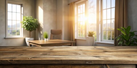 Rustic Wooden Tabletop Display in a Sunlit Room with Plants and Blurred Background
