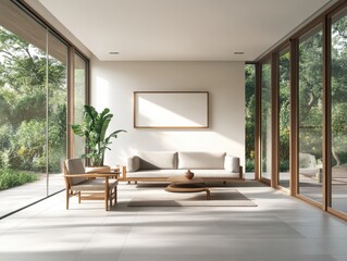 Fototapeta premium A living room with a white couch and a white chair. A potted plant is on the table