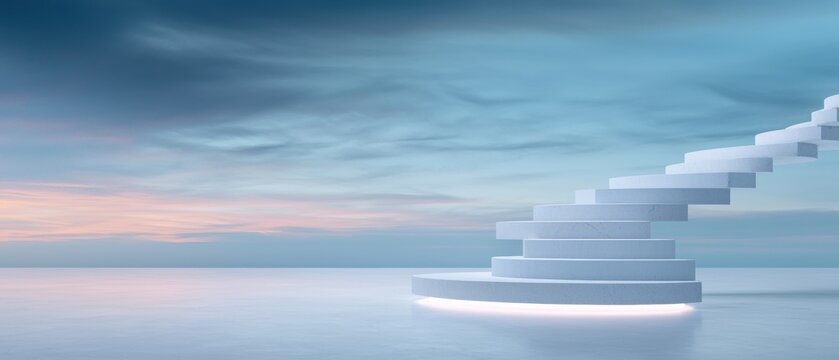 A white staircase is shown against a blue sky