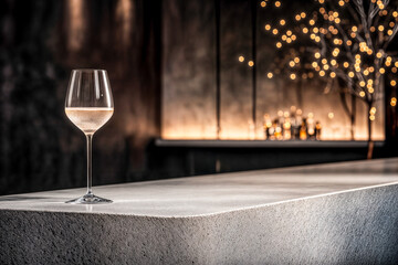 Comptoir d'un bar moderne avec un verre de vin et de l'espace vide