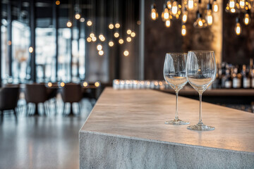 Comptoir d'un bar moderne avec 2 verres à vin vides
