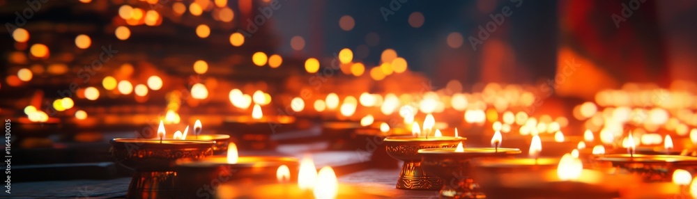 Poster a mesmerizing view of flickering candles, creating a serene atmosphere filled with light and warmth,