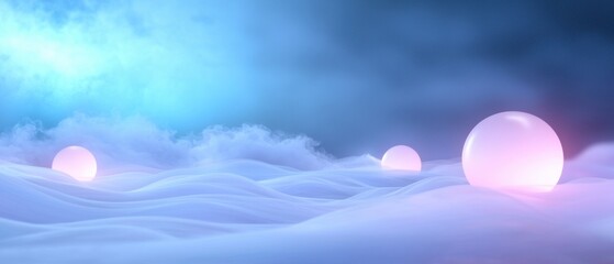 A blue sky with three pink spheres floating in the air