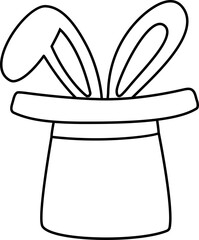 Bunny in magic hat outline vector. 
Black magician hat with Rabbit ears coloring drawing.
concept with hat and rabbit trick.
Transparent background.