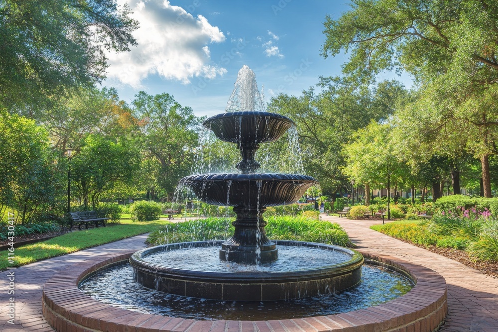 Poster sunlight shines through trees illuminating a fountain in a tranquil park setting during late afterno