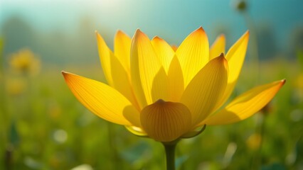 Obraz premium Macro Photography of Vibrant Yellow Corniculata Flower Unfolding Petals in Sunlit Meadow, Summer Bloom, Delicate Silky Texture, Blue-Green Background