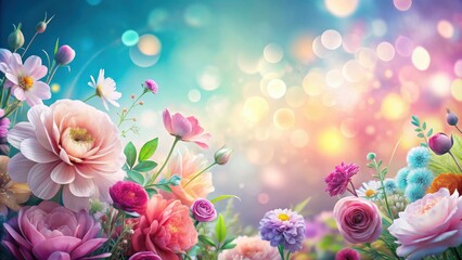 A vibrant arrangement of pastel-colored blossoms against a bokeh background, perfect for springtime celebrations and romantic designs.