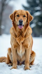 Fototapeta premium Majestic golden retriever sits regally with ears erect and tail held high on a snowy backdrop, dog,