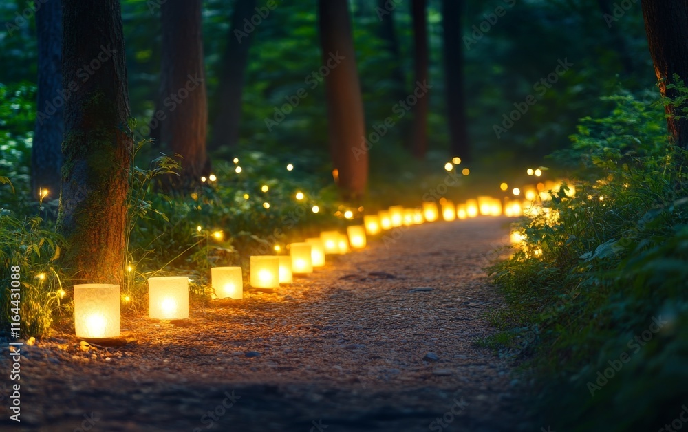 Poster a serene evening in the forest with glowing lanterns illuminating a winding path, creating a magical