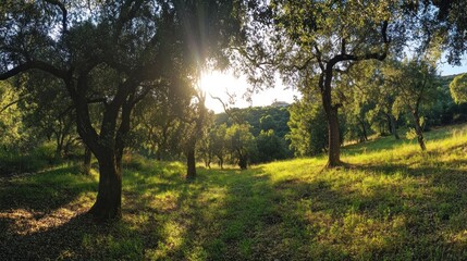Fototapeta premium Golden Hour in the Olive Grove: A Serene Sunset Landscape