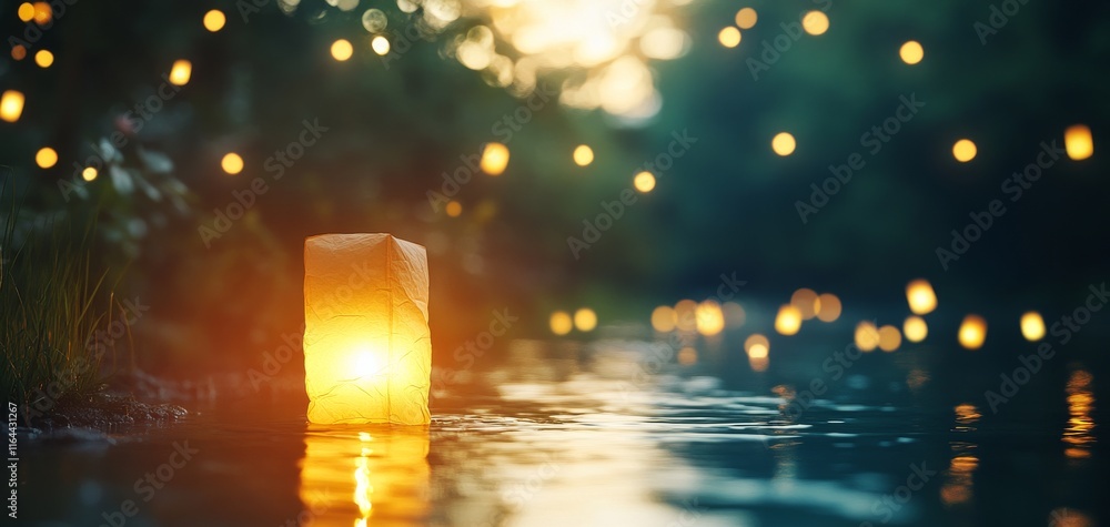 Poster a serene evening scene with glowing lanterns reflecting on water, creating a tranquil and atmospheri