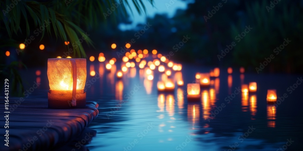 Poster a serene evening scene with glowing lanterns reflecting on water, creating a calming atmosphere for 