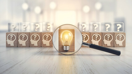 Finding the Right Idea.
Light bulb representing the best idea among others, highlighted by a magnifying glass.