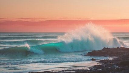 Fototapeta premium Breathtaking coastal landscape at sunset with waves crashing on rocky shore.