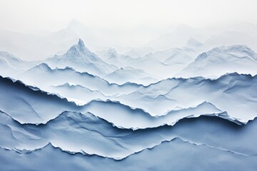 A serene, artistic depiction of layered mountains in shades of blue and white, evoking calmness and tranquility.