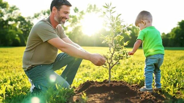 Father and son planting a tree under sunlight in a field, promoting environmental care, teamwork, and family values. The dynamic movement reflects collaboration.