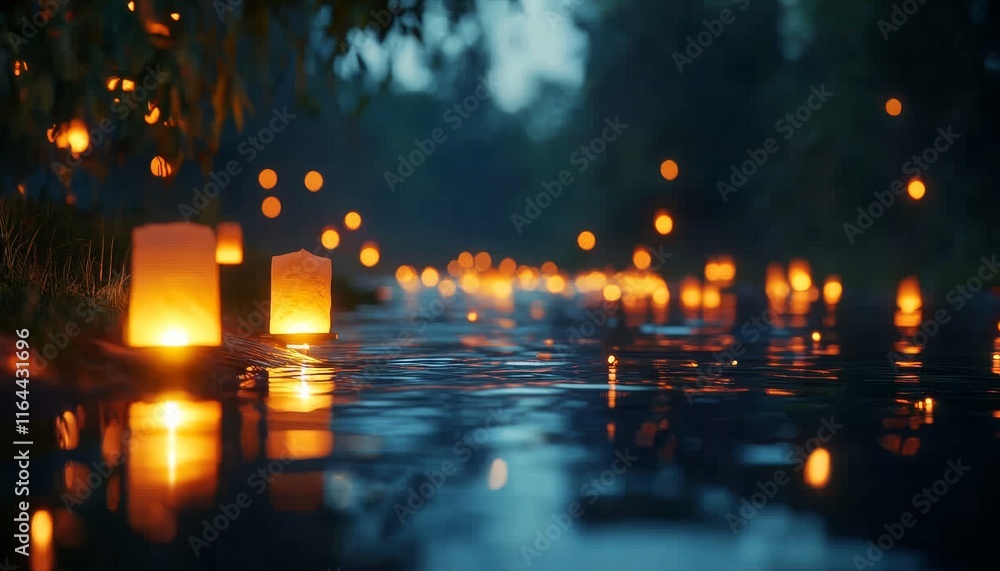 Poster a serene scene of glowing lanterns floating on a calm river at twilight, creating a tranquil and mag