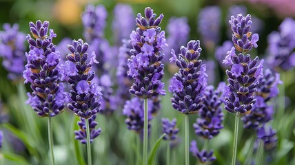 Obraz premium Lavender Flowers with Soft Dew Drops in a Vibrant Nature Background