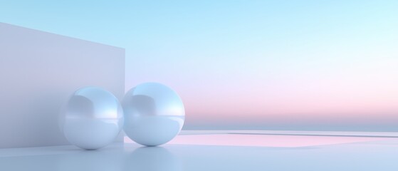Two white spheres are placed on a white background