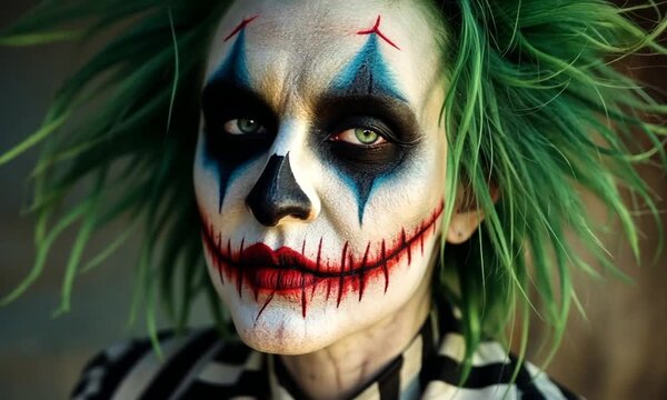 clown character with wild green hair and a black and white striped suit