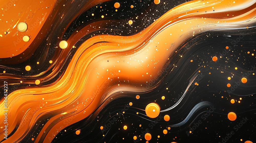 Aufkleber vibrant orange and black abstract design with swirling patterns and floating shapes