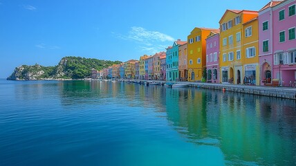 Obraz premium Scenic Waterfront with Colorful Buildings Reflected in Water
