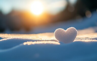 A snow heart resting on a snowy landscape, illuminated by a warm sun, symbolizing love and warmth in a winter setting.