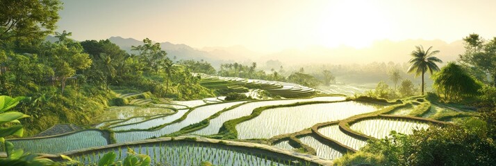 Lush Green Rice Terraces Basking In Morning Sunlight