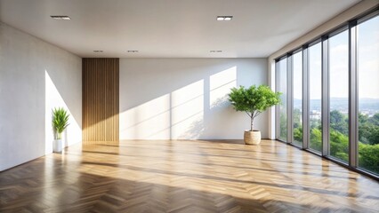 Fototapeta premium Sunlit Modern Empty Room with Hardwood Floor and Large Windows