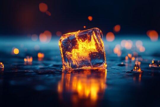 A striking ice cube glows with fiery colors, captivating the viewer with its unique blend of cold and warmth.