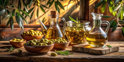 Fototapeta premium Rustic Still Life Featuring Olive Oil in Glass Containers and Bowls of Olives on Wooden Table