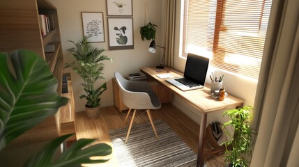 Fototapeta premium A small but stylish home office with a wooden desk, a laptop, a comfy chair, and potted plants for a touch of green.