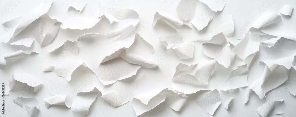 Poster a textured background featuring various torn pieces of white paper, creating an artistic and minimal
