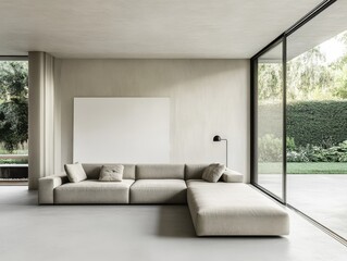 A living room with a white wall and a couch. The couch is a sectional and has pillows on it