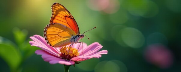 Obraz premium Vibrant butterfly perched on a delicate petal in isolation, colorful butterfly, closeup, nature