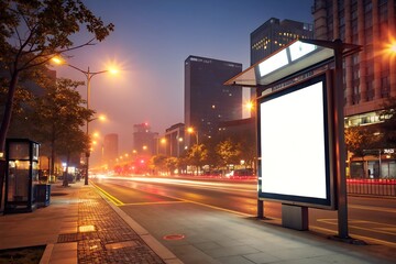 A vibrant nighttime city street with a stylish outdoor advertising billboard as the focal point
