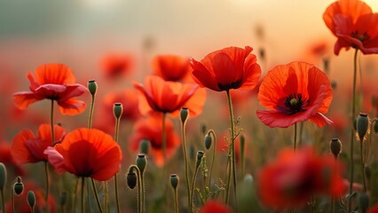 Obraz premium Vibrant Red Poppy Field, Statuesque Flowers, Swirling Petals, Misty Sunrise