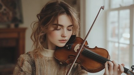 Young musician practices violin indoors in a sunlit room surrounded by plants and warm decor