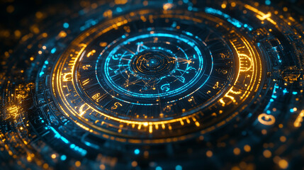 Intricate cosmic design featuring glowing symbols and patterns in vibrant blue and gold hues