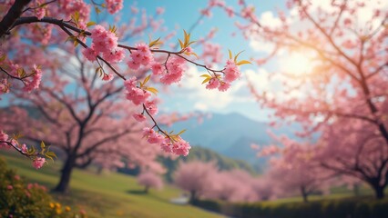 Vibrant Pink Cherry Blossoms in Spring Landscape, 4K Stunning Image of Slender Branches Heavy with Blossoms Against a Tranquil Golden Landscape and Clear Blue Sky