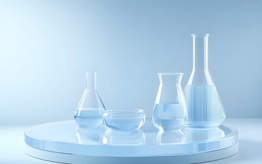 Transparent Podium with Lab Glassware and Acrylic Sheets on Light Blue Background for Product Presentation