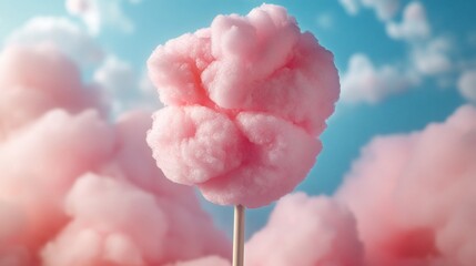 Pink cotton candy on a stick against a pastel sky backdrop.