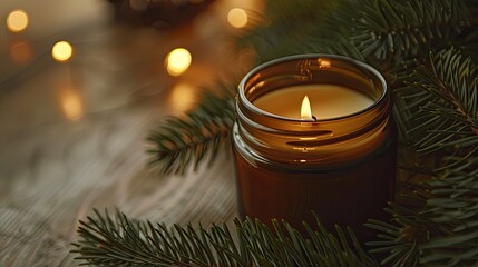 Candle in a glass jar and forest pine tree branches 