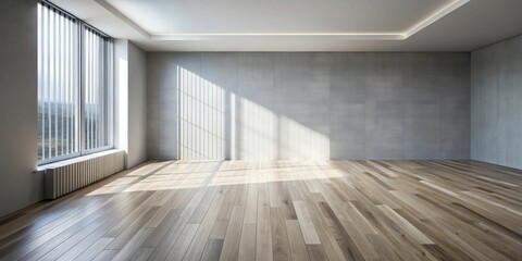 Sunlight streams through a large window into a minimalist empty room with hardwood floors and a concrete wall