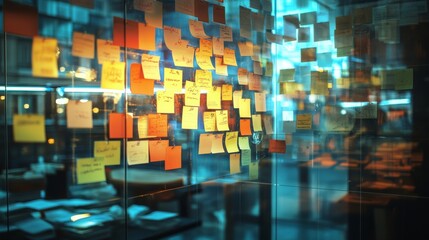 A glass wall covered in colorful sticky notes vibrantly displays ideas and reminders. The lively office environment reflects a collaborative and creative atmosphere