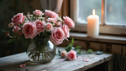 Obraz premium Romantic Pink Roses in Glass Vase Near Window with Candlelight - Still Life Photography