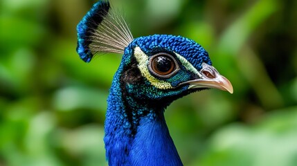 Naklejka premium A close-up of a vibrant peacock's head showcases its stunning blue feathers and intricate details, This image is ideal for nature blogs, wildlife articles, or educational materials related to birds,