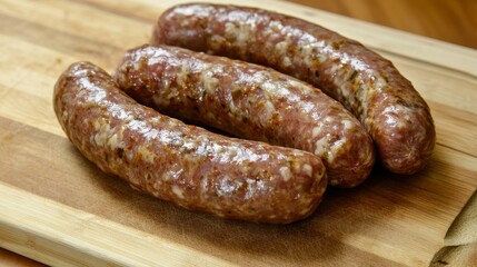 Three raw sausages placed on a wooden cutting board showcase their vibrant texture and seasoning, perfect for grilling and preparing a delicious meal at home