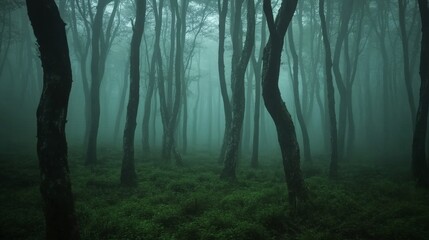 Naklejka premium Thick fog blankets a dense forest, shrouding twisted trees in an otherworldly ambiance. The tranquility of nature contrasts with the unsettling mystery of the surroundings
