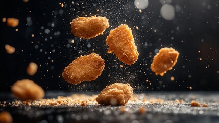 Crispy chicken nuggets falling on dark background.